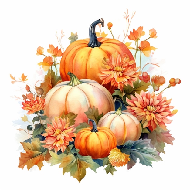 There are many pumpkins and flowers on the table generative ai