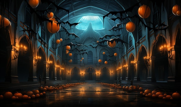 there are many pumpkins in the hall of a church generative ai