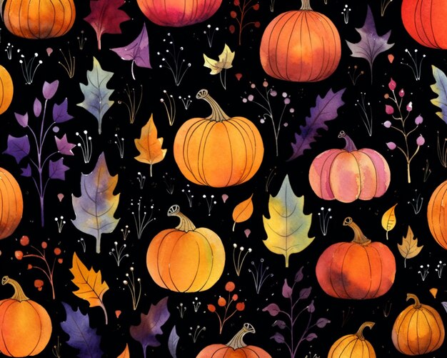 there are many pumpkins and leaves on a black background generative ai