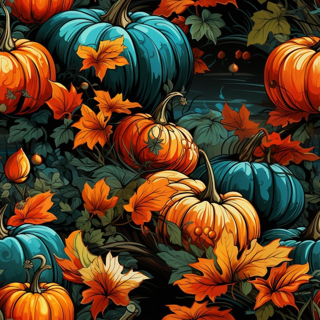 There are many pumpkins and leaves on the ground with leaves generative ai