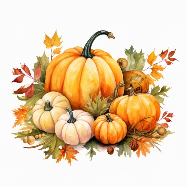 there are many pumpkins and leaves on the ground with a white background generative ai