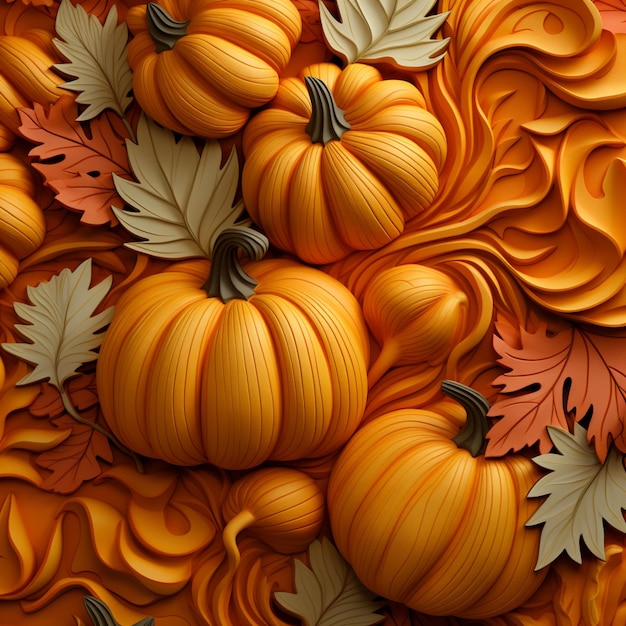 there are many pumpkins and leaves on the surface of the wall generative ai