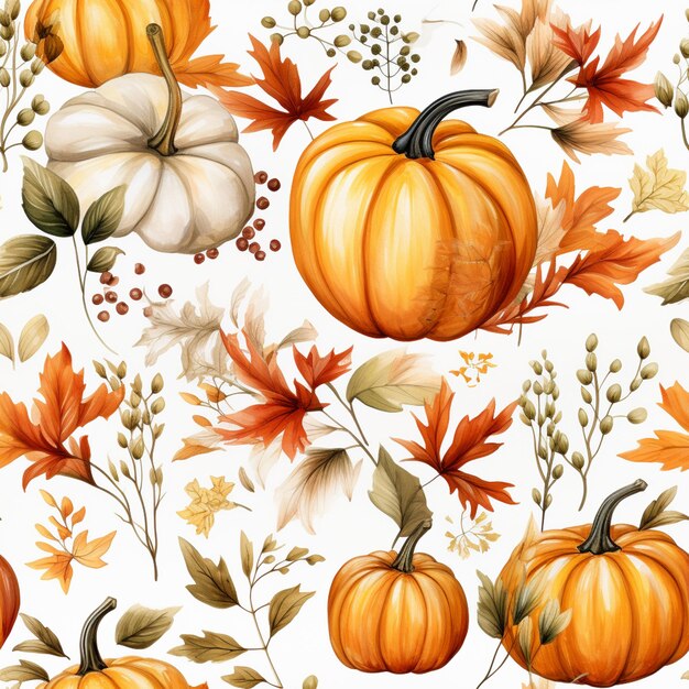 there are many pumpkins and leaves on this white background generative ai