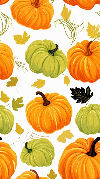 There are many pumpkins and leaves on a white background generative ai