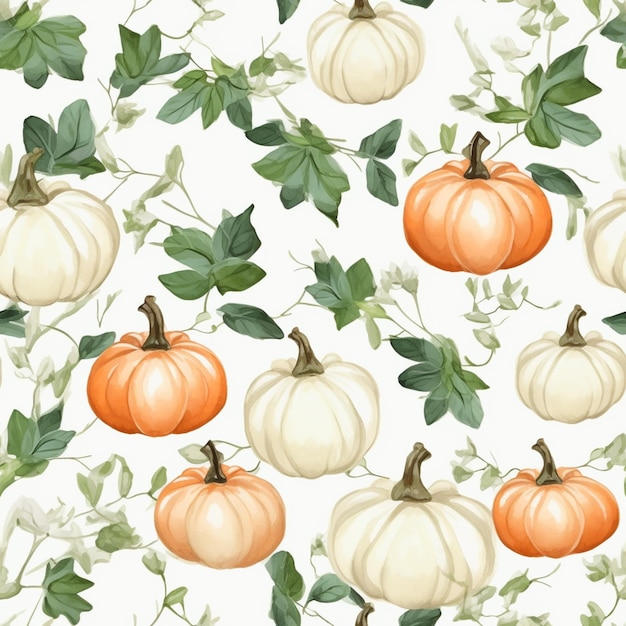 There are many pumpkins and leaves on a white background generative ai