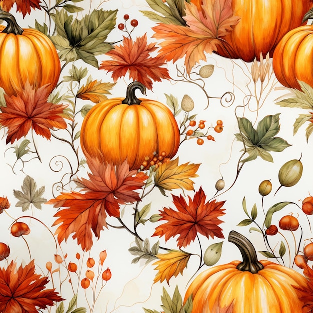 There are many pumpkins and leaves on a white background generative ai