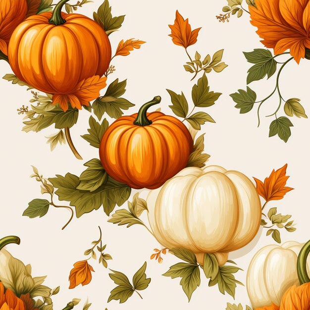 There are many pumpkins and leaves on a white background generative ai