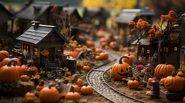 there are many pumpkins and other decorations on the train tracks generative ai