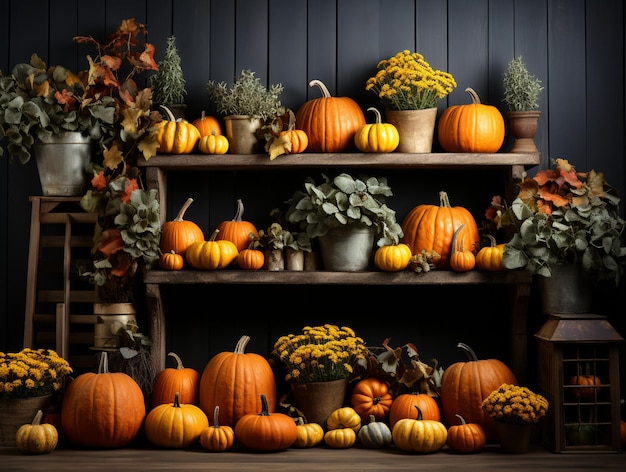 There are many pumpkins and other fall decorations on a shelf generative ai