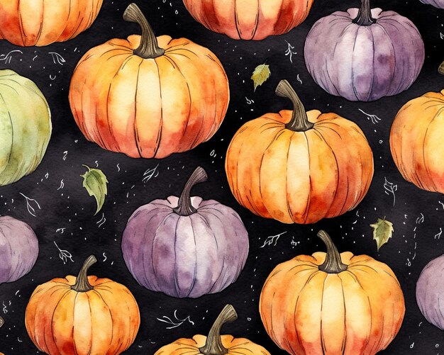 there are many pumpkins painted on a black background generative ai