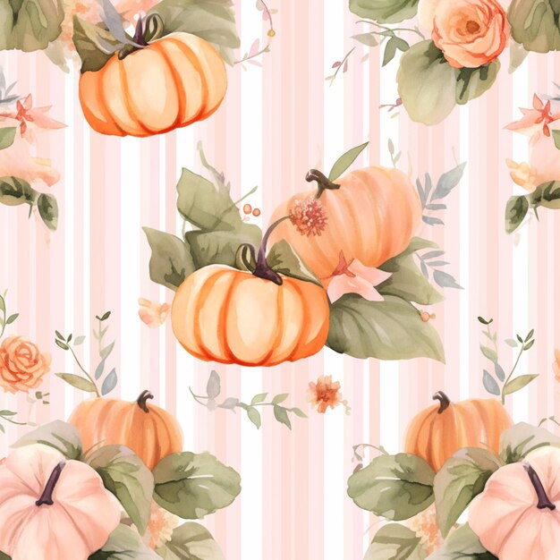 Photo there are many pumpkins and roses on the striped background generative ai