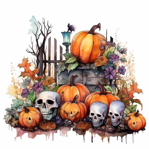 There are many pumpkins and skulls sitting on the ground generative ai