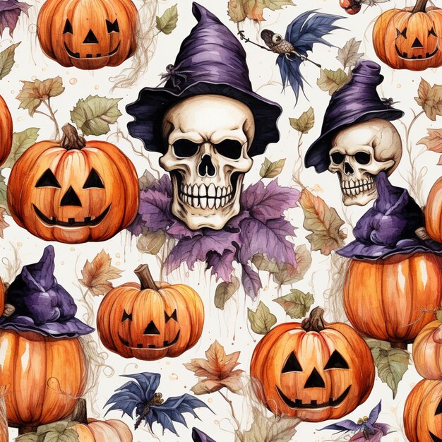 there are many pumpkins and skulls with hats on them generative ai