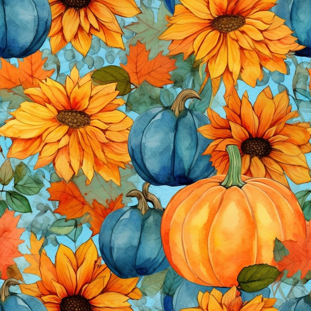 There are many pumpkins and sunflowers on a blue background generative ai