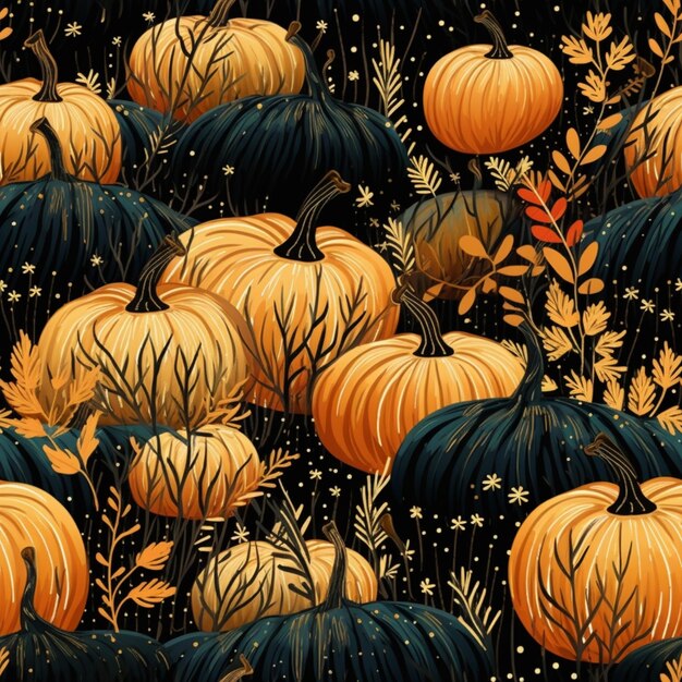 Photo there are many pumpkins that are on the ground in the dark generative ai