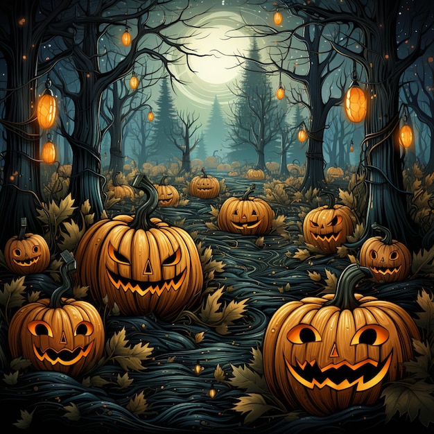 there are many pumpkins that are sitting in the woods generative ai