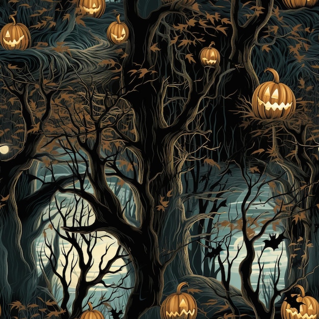 there are many pumpkins in the trees with a full moon in the background generative ai