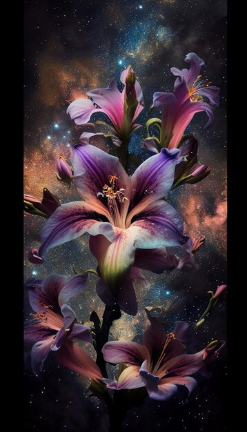 there are many purple flowers in a vase with a galaxy in the background generative ai