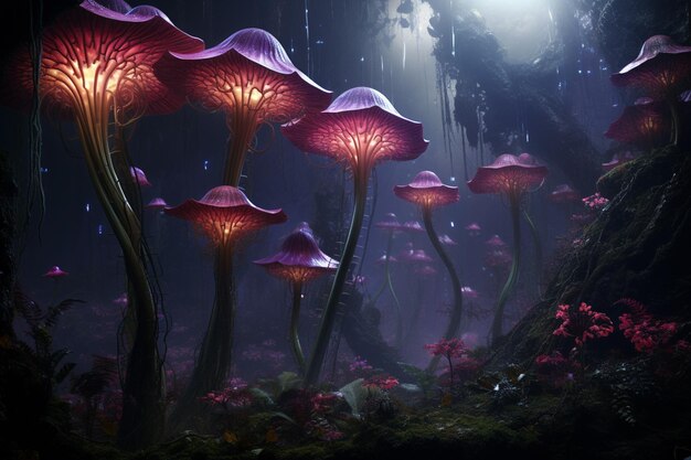 there are many purple mushrooms growing in a forest at night generative ai