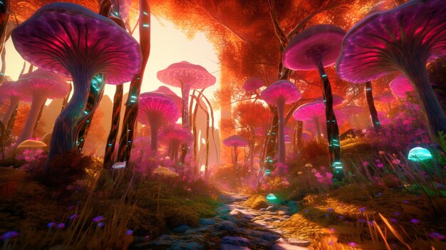 there are many purple mushrooms growing in the middle of a forest generative ai