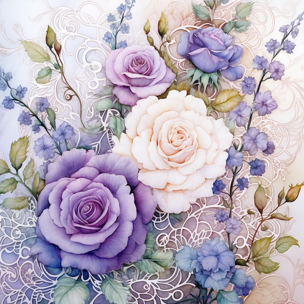 there are many purple and white roses in a vase generative ai