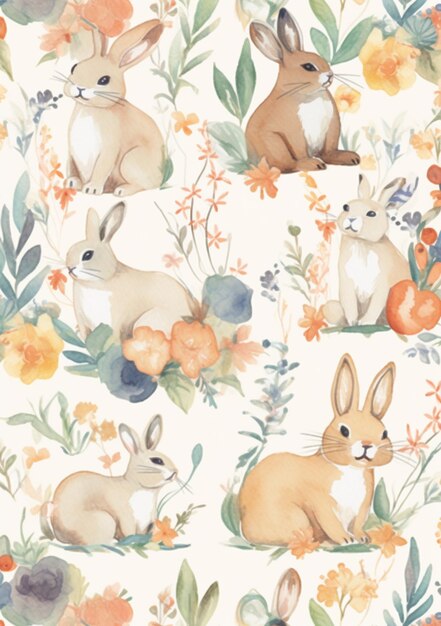 There are many rabbits and flowers on this wallpaper generative ai