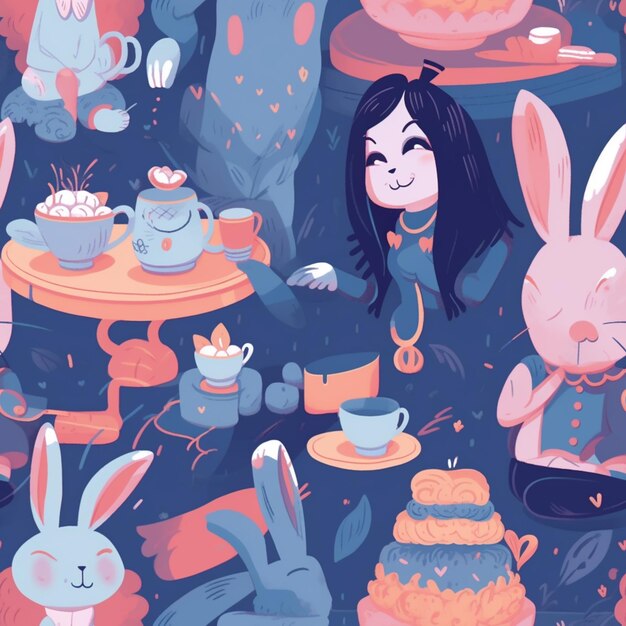 There are many rabbits and a girl sitting at a table generative ai