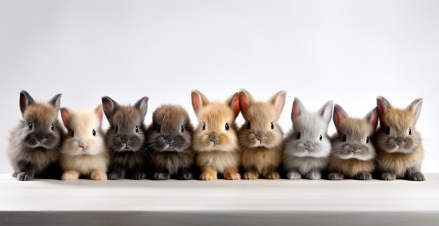 There are many rabbits sitting together in a row on a table generative ai