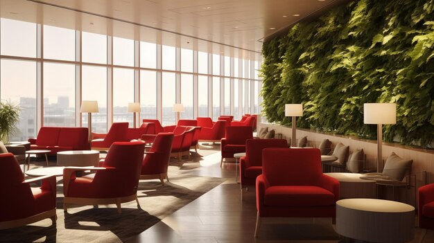 There are many red chairs and tables in a room with a green wall generative ai