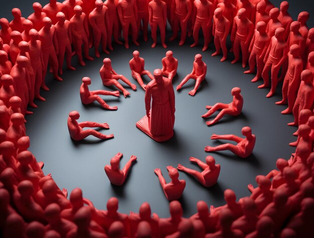 there are many red figures standing in a circle together Generative AI