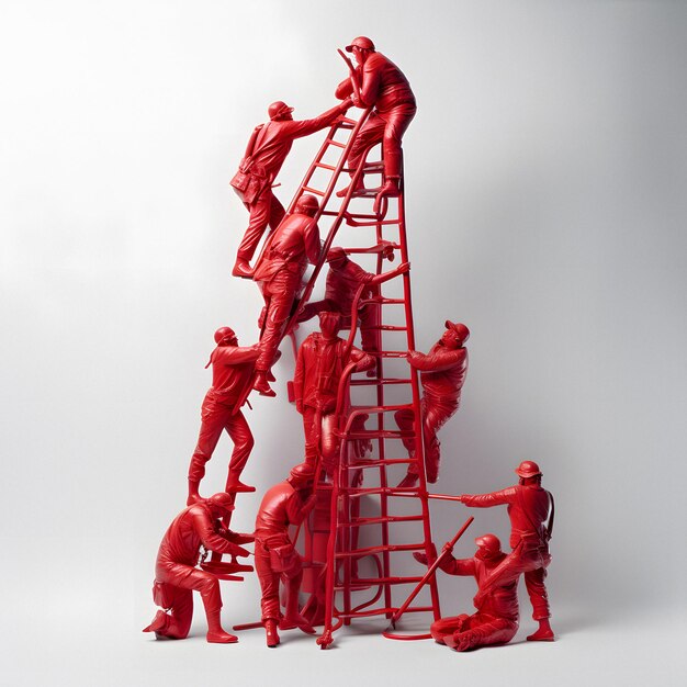 Photo there are many red figurines of men climbing a ladder generative ai