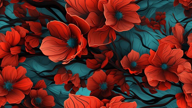 there are many red flowers on a blue background generative ai