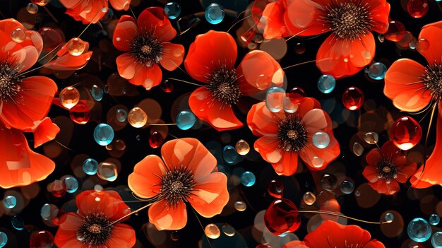 There are many red flowers with blue bubbles on them generative ai