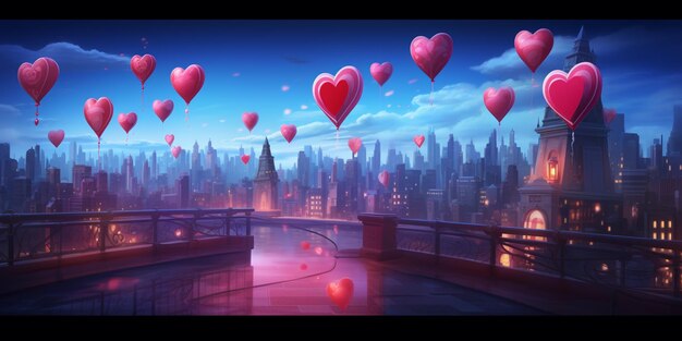 Photo there are many red hearts floating in the air over a city generative ai
