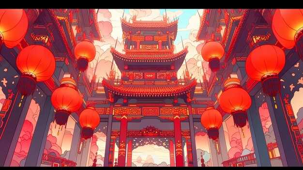 There are many red lanterns hanging from the ceiling of a building generative ai