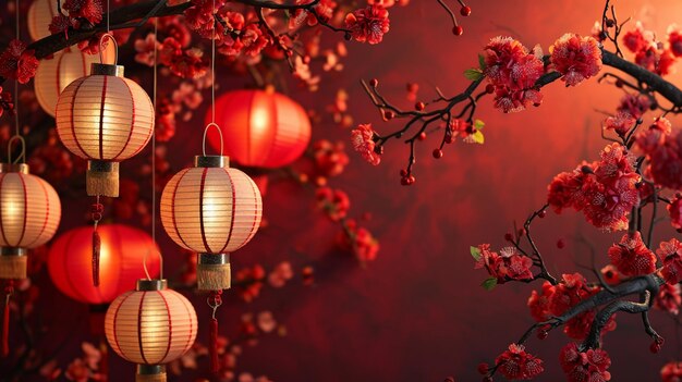 there are many red lanterns hanging from a tree with pink flowers generative ai