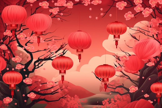 There are many red lanterns hanging from the trees in the sky generative ai