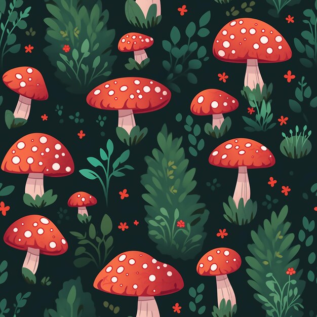 There are many red mushrooms and green leaves on the ground generative ai