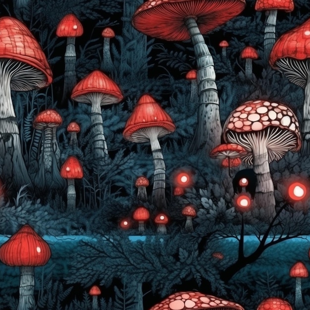 there are many red mushrooms that are growing in the forest generative ai