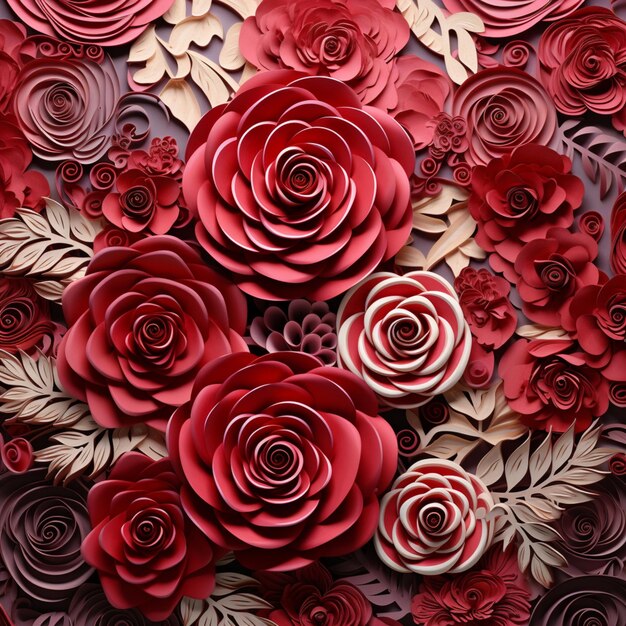 There are many red paper flowers arranged on a wall generative ai