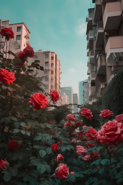 there are many red roses growing in a garden in front of a building generative ai