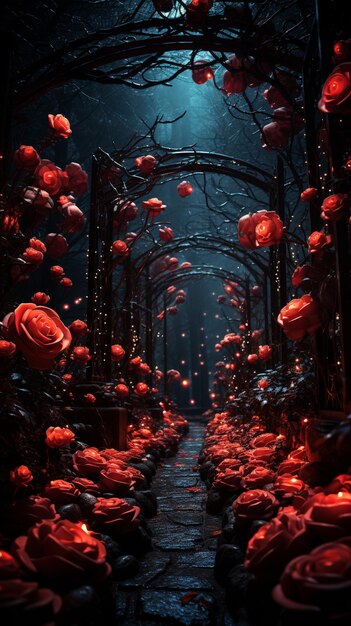 there are many red roses in the middle of a dark alley generative ai