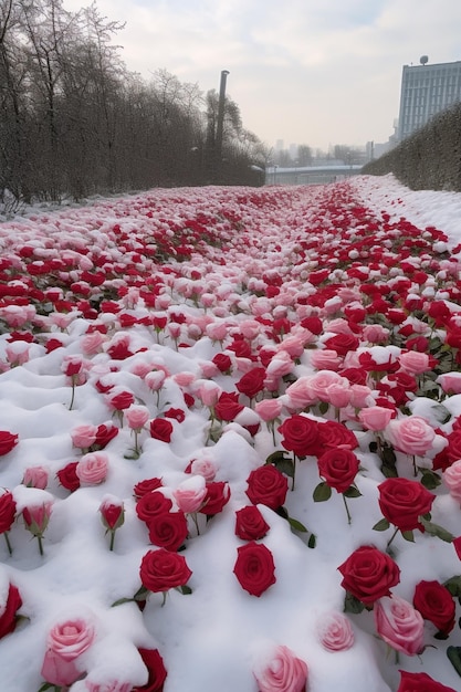 there are many red roses that are covered in snow generative ai