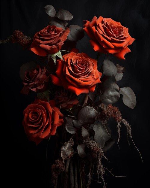 Photo there are many red roses in a vase with leaves on a black background generative ai