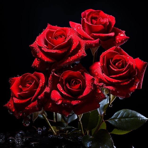 there are many red roses in a vase with water droplets generative ai