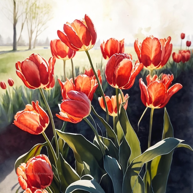 There are many red tulips in a vase on the table generative ai