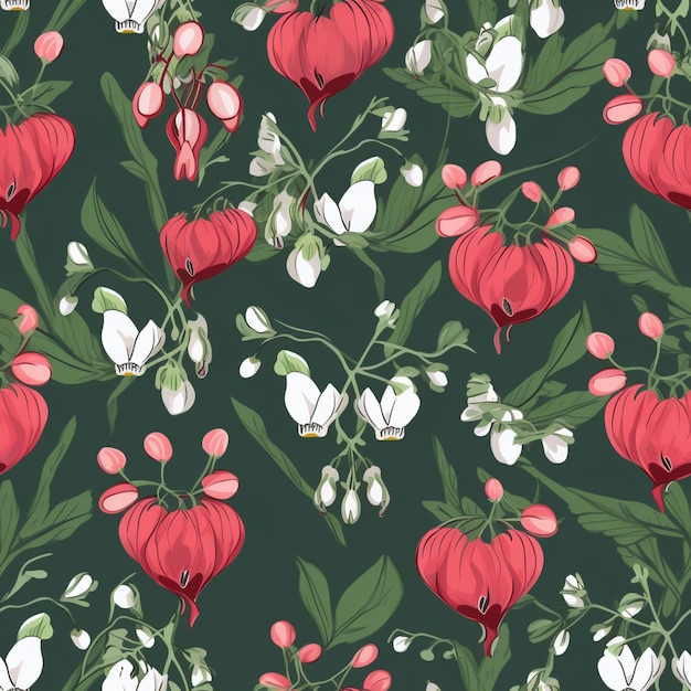 There are many red and white flowers on a green background generative ai