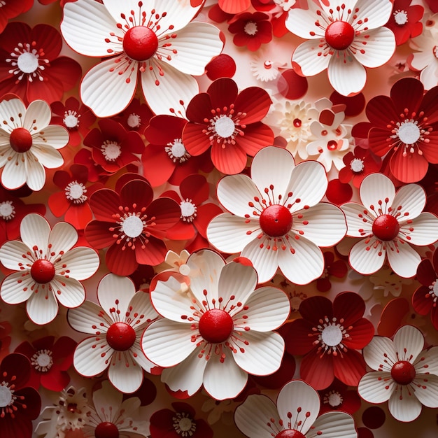 There are many red and white flowers on a wall generative ai