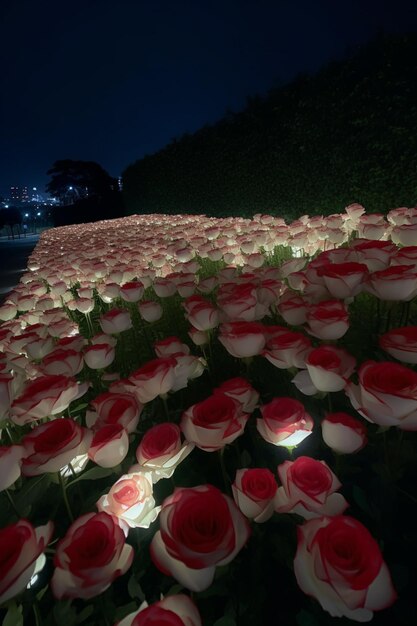 there are many red and white roses in a field at night generative ai