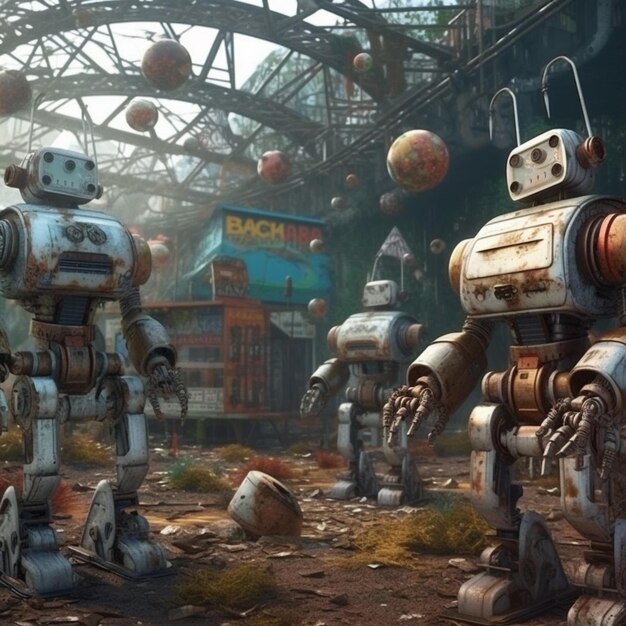 there are many robots that are standing in a dirty area generative ai